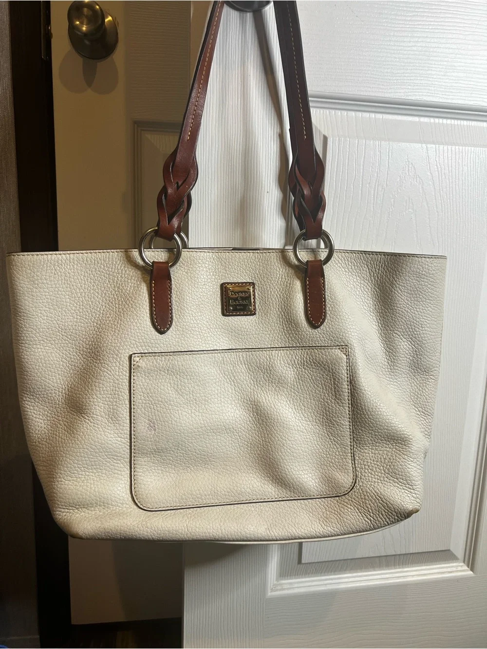 Dooney & Bourke White Pebble Leather Tammy Tote with Brown Handles